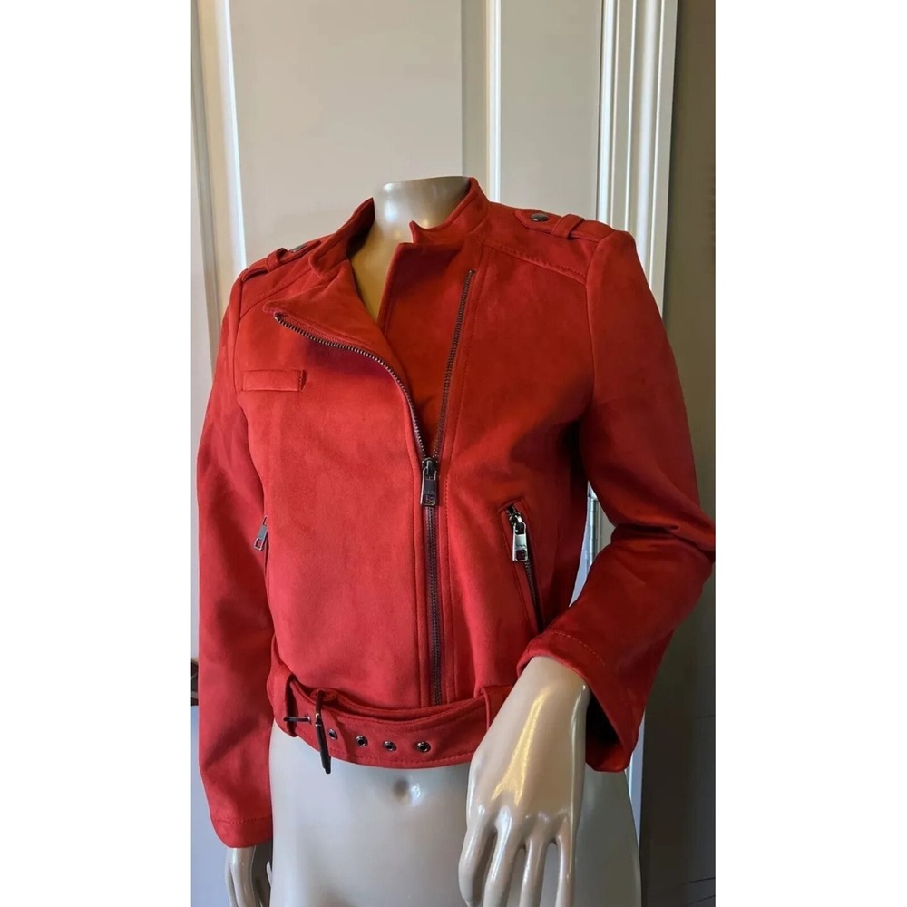 BANANA REPUBLIC Red Vegan‎ Suede Moto Zip Belted Jacket Womens Size Medium NWT